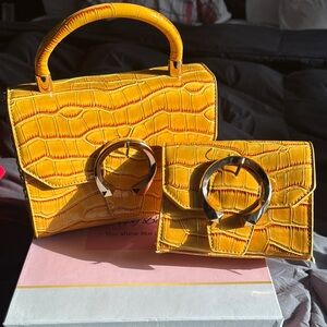 Yellow Croc-Embossed Handbag and Wallet Set